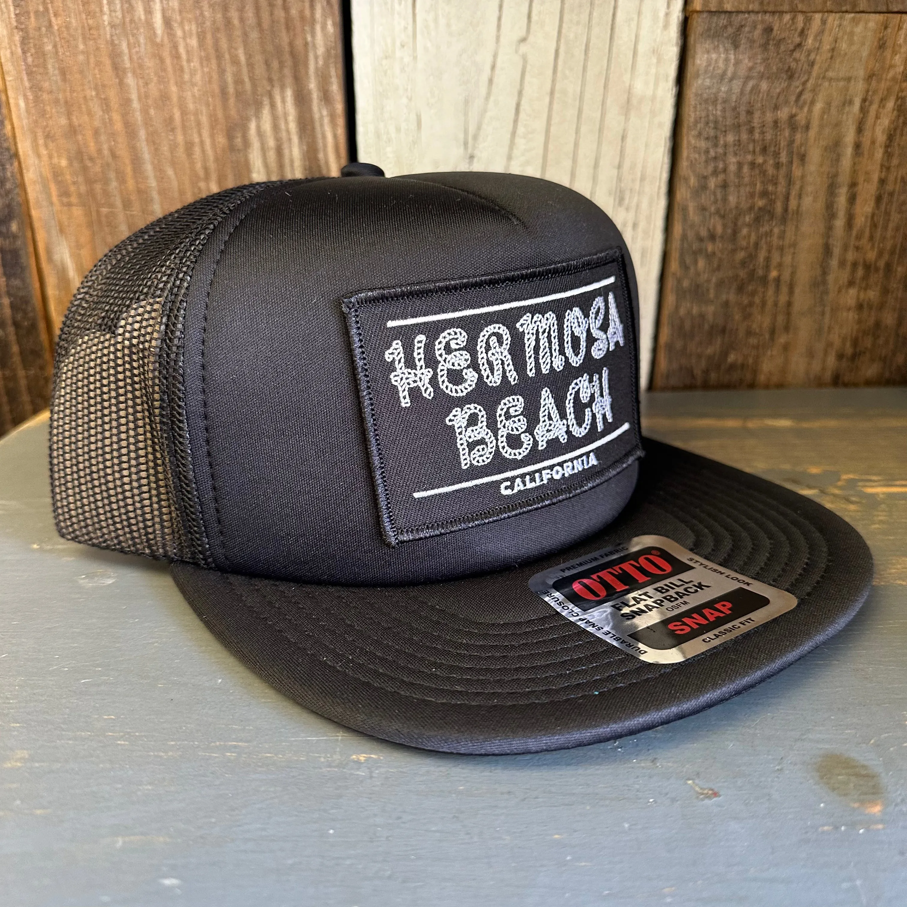Hermosa Beach ROPER Trucker Hat - Black (Flat Brim)