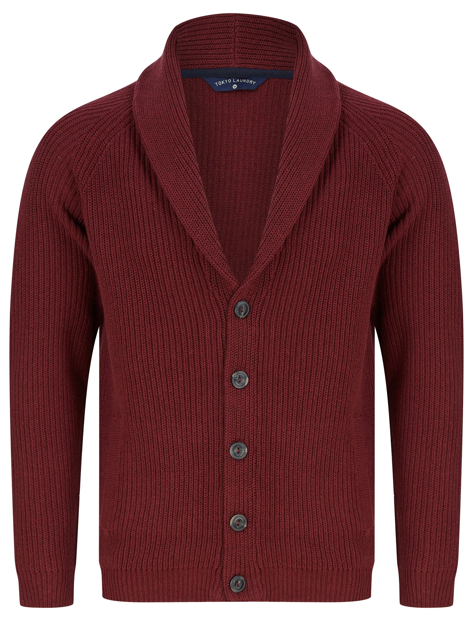 Hurd Rib Knit Cotton Rich Shawl Neck Cardigan in Claret - Tokyo Laundry