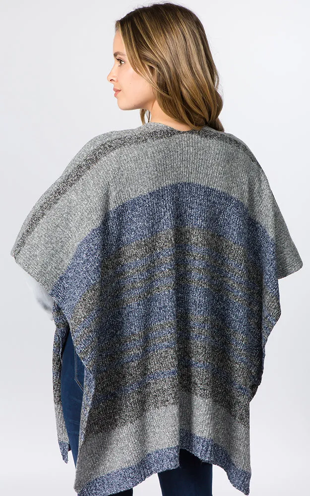 RA96B9 Stripe Design Knitted Cape/Ruana w/Pocket