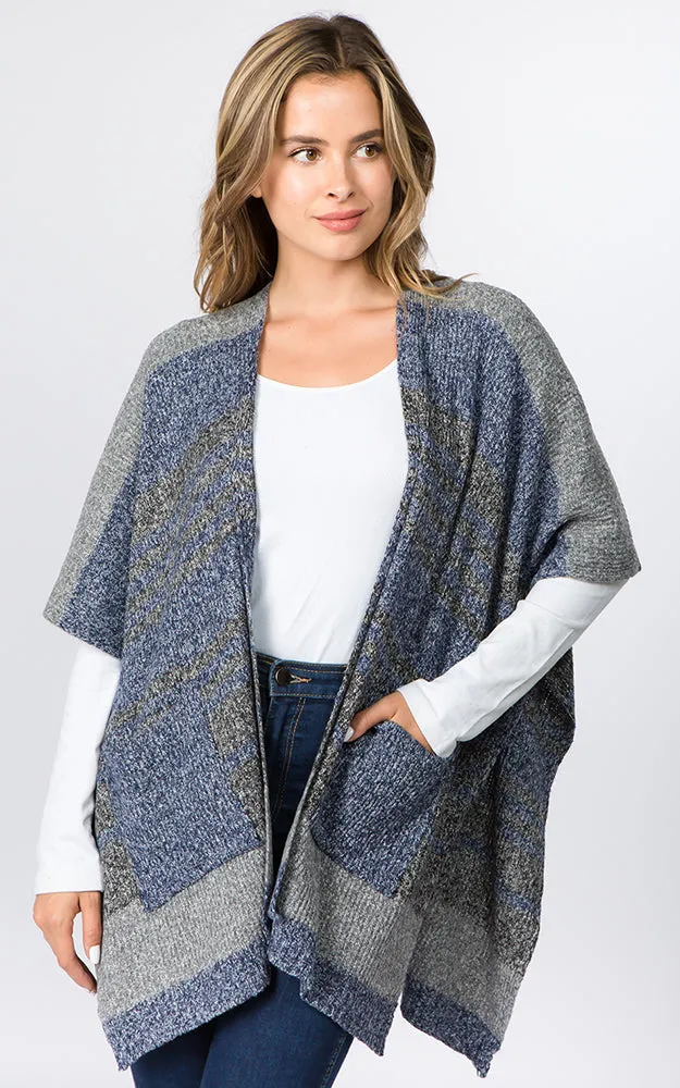 RA96B9 Stripe Design Knitted Cape/Ruana w/Pocket