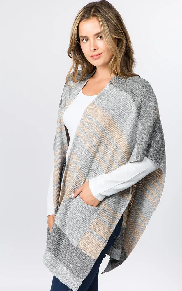 RA96B9 Stripe Design Knitted Cape/Ruana w/Pocket