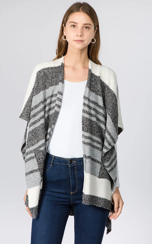 RA96B9 Stripe Design Knitted Cape/Ruana w/Pocket