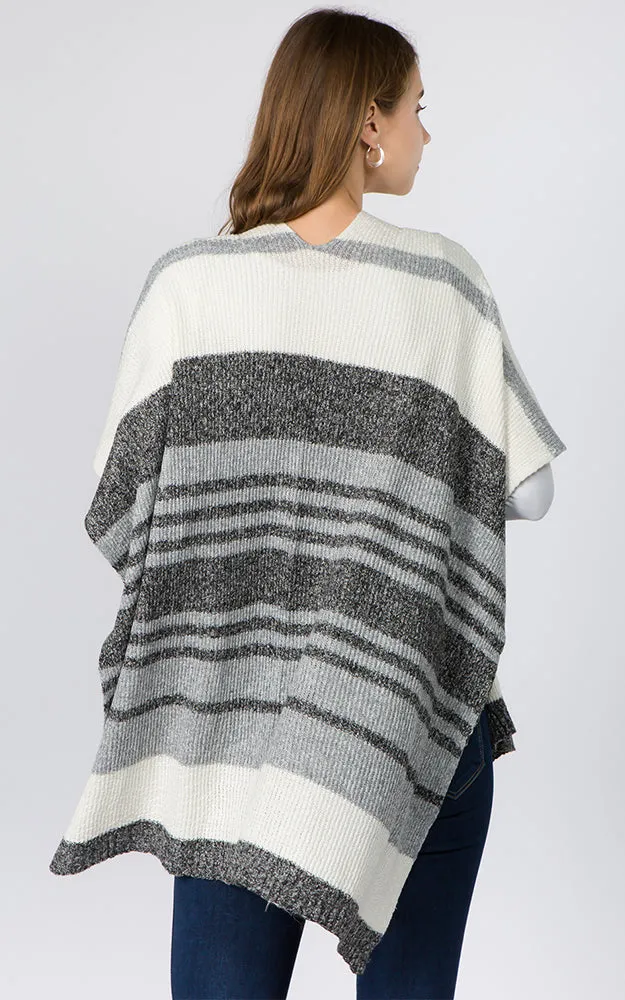 RA96B9 Stripe Design Knitted Cape/Ruana w/Pocket