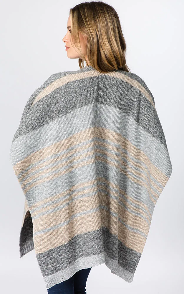 RA96B9 Stripe Design Knitted Cape/Ruana w/Pocket