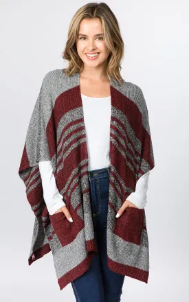 RA96B9 Stripe Design Knitted Cape/Ruana w/Pocket