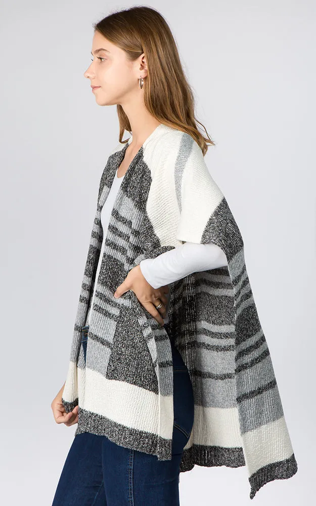 RA96B9 Stripe Design Knitted Cape/Ruana w/Pocket