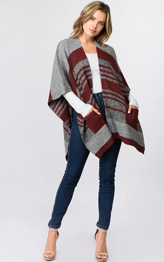 RA96B9 Stripe Design Knitted Cape/Ruana w/Pocket