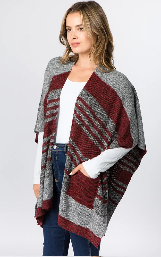 RA96B9 Stripe Design Knitted Cape/Ruana w/Pocket