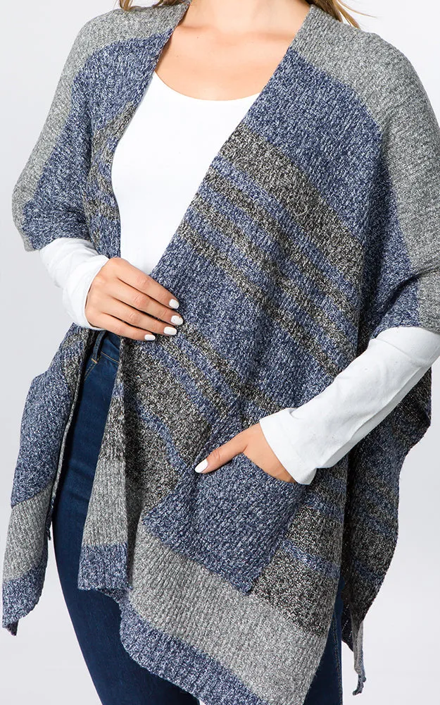 RA96B9 Stripe Design Knitted Cape/Ruana w/Pocket
