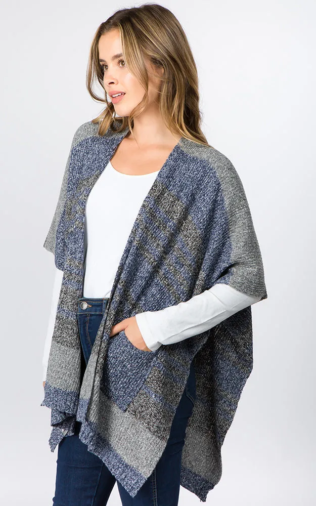 RA96B9 Stripe Design Knitted Cape/Ruana w/Pocket
