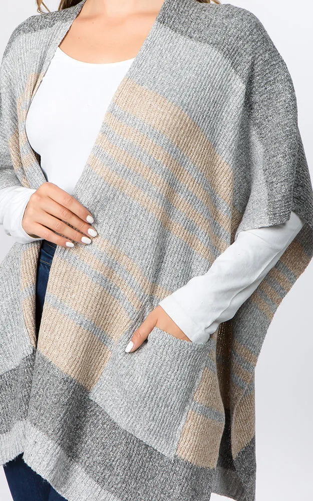 RA96B9 Stripe Design Knitted Cape/Ruana w/Pocket