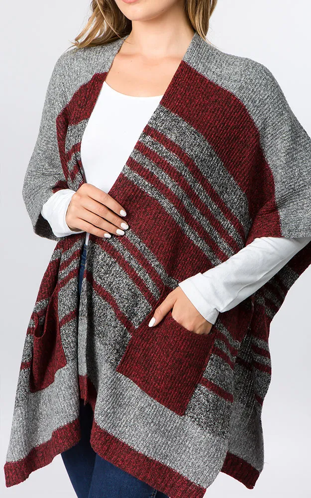 RA96B9 Stripe Design Knitted Cape/Ruana w/Pocket