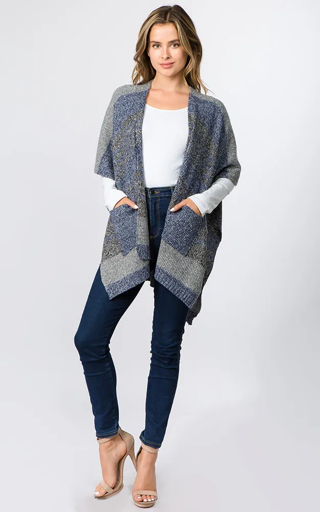 RA96B9 Stripe Design Knitted Cape/Ruana w/Pocket